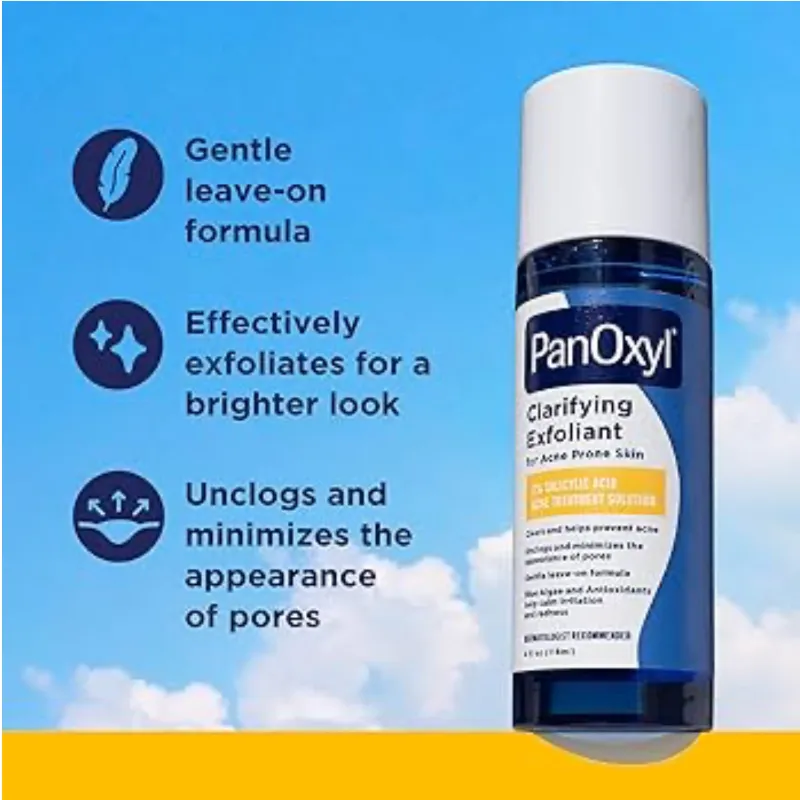 PanOxyl Exfoliante aclarante con ácido salicílico al 2%, exfoliante líquido BHA para cara, desatasca, minimiza la apariencia de los poros, las algas azules y los antioxidantes ayudan a calmar el