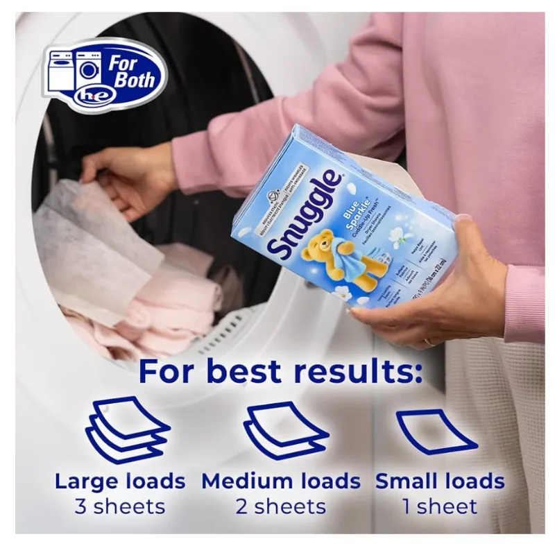 Snuggle Hojas de secadora suavizantes de tela, Blue Sparkle Cuddle-Up Fresh, 230 unidades, aroma fresco y limpio de larga duración, suaviza la tela, reduce la estática, combate las arrugas