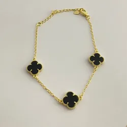 Pulsera Van Cleef de Plata Bañada en Oro de 3 Flores Negra