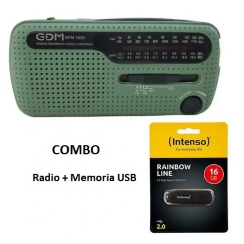 Combo Radio GDM 1020 FM/AM/OC1/OC2Portátil+ Linterna +Memoria flash 16GB