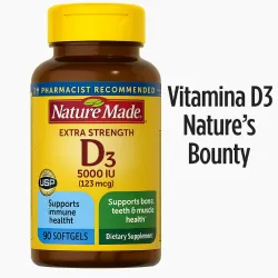 💊 Vitamina D3 Extra Strength Nature Made (5000 IU / 125 mcg) Frasco con 90 cápsulas blandas.