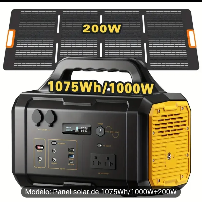 Estación de Energía Solar Portátil de 1000W+200W con Panel Plegable - Batería LiFePO4 de 1075mAh