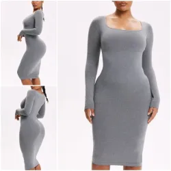 Vestido Midi Escotado Gris Claro