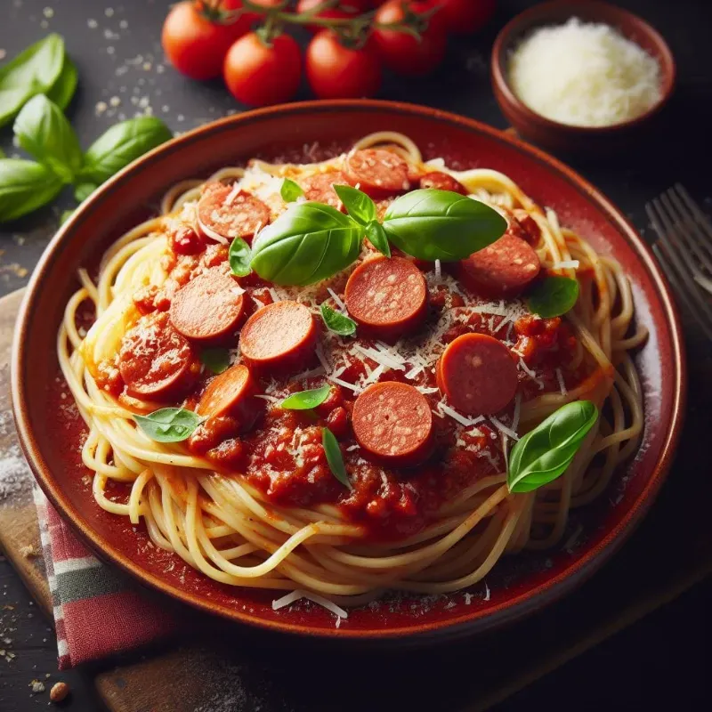 🍝Espaguetis con Salchichas y 🧀 Queso Gouda