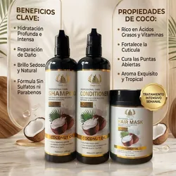 Set triple de Shampoo+Acondicionador+Crema de tratamiento de Coco
