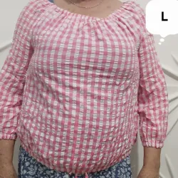 Blusa de guinga blanca y rosado hilo