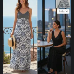 Vestido largo azul y blanco