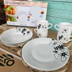 Juego de vajillas 12 piezas Diseño blanco y floreado oscuro 