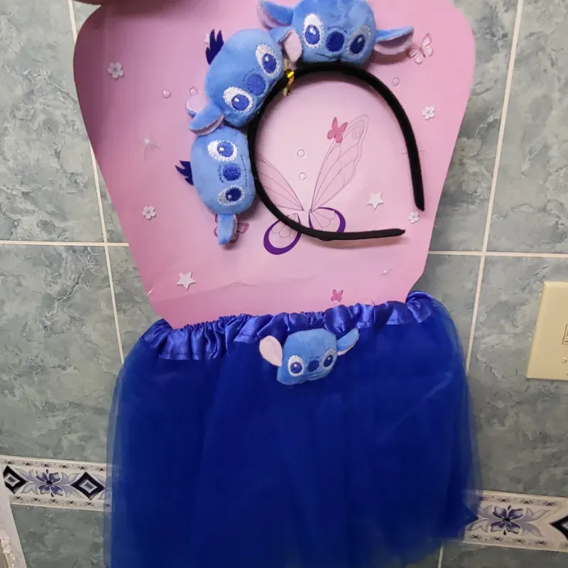 Traje para niñas con tutú y cintillos stitich azul