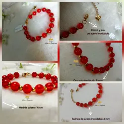 Pulsera de ónix rojo traslúcido complementado con acero inoxidable