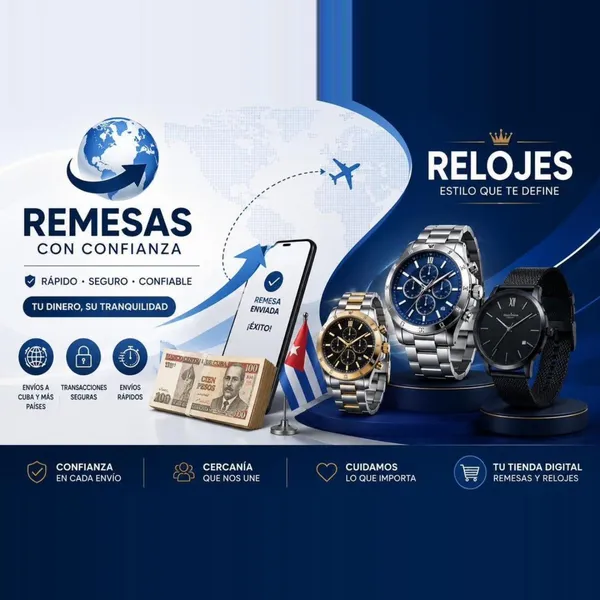 Ofrecemos servicio de remesas rápidas y seguras desde Estados Unidos y Europa a Latinoamérica. Además, tenemos una gran variedad de relojes que se acomodan a tus gustos y necesidades!!!!