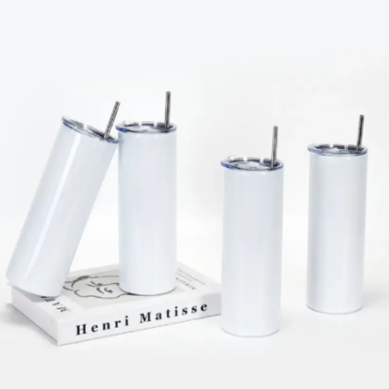 20 OZ Termo de acero inoxidable con pajita de metal, posavasos de silicona lista para la técnica sublimación