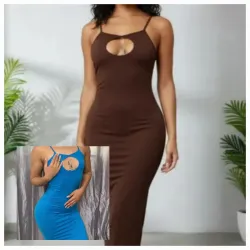 ✨️Vestido tubular largo de pecho abierto y tirantes amarrados al cuello✨️