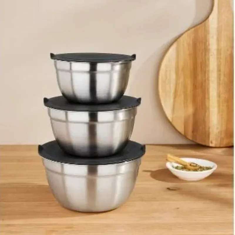 Set de 3 bowls de acero inoxidable con tapa