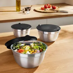 Set de 3 bowls de acero inoxidable con tapa