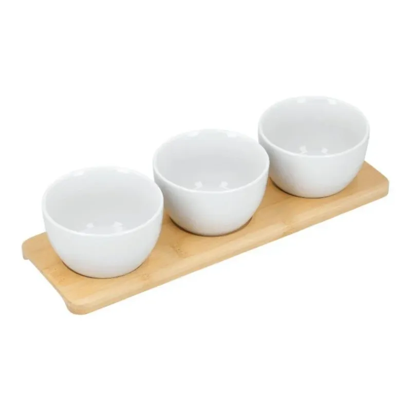Set de 3 cuencos de porcelana con base de bambú