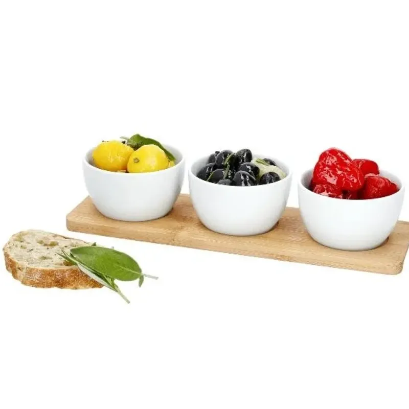 Set de 3 cuencos de porcelana con base de bambú