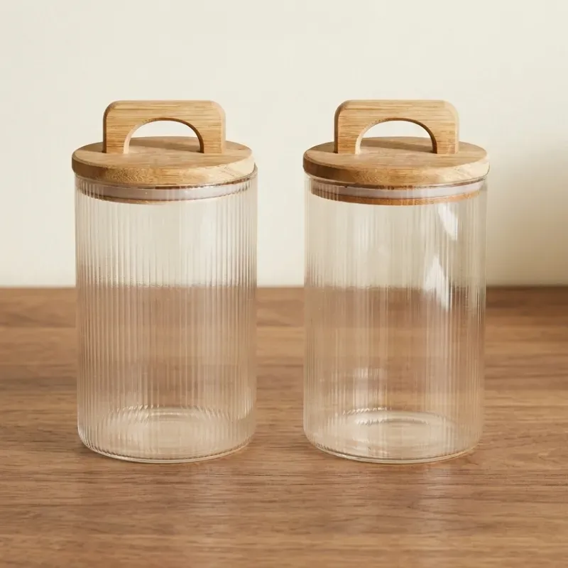 Set de dos Potes de cristal con tapa de acacia
