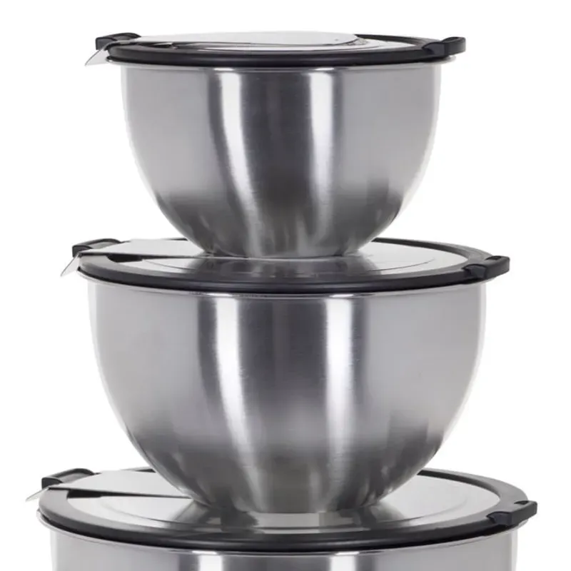 Set de tres bowls de acero inoxidable con tapa