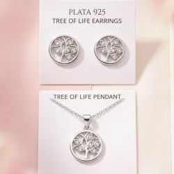 Cadena con dije y aretes de árbol de la vida con piedras