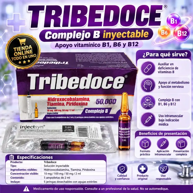 TRIBIDOCE ..HIDROXOCOBALAMINA,TIAMINA,PIRIDOXINA(CAJA CON 5 AMPOLLETAS Y 5 JERINGUILLAS DESECHBLES CON AGUJA ESTERIL)(VENCE MAYO/2028)