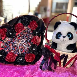 Ramo buchón de ❤️ con bombones y  cesta con peluche