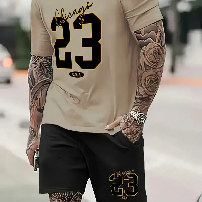 Conjunto Casual de Moda para Hombre, Camiseta de Manga Corta Estampada 23