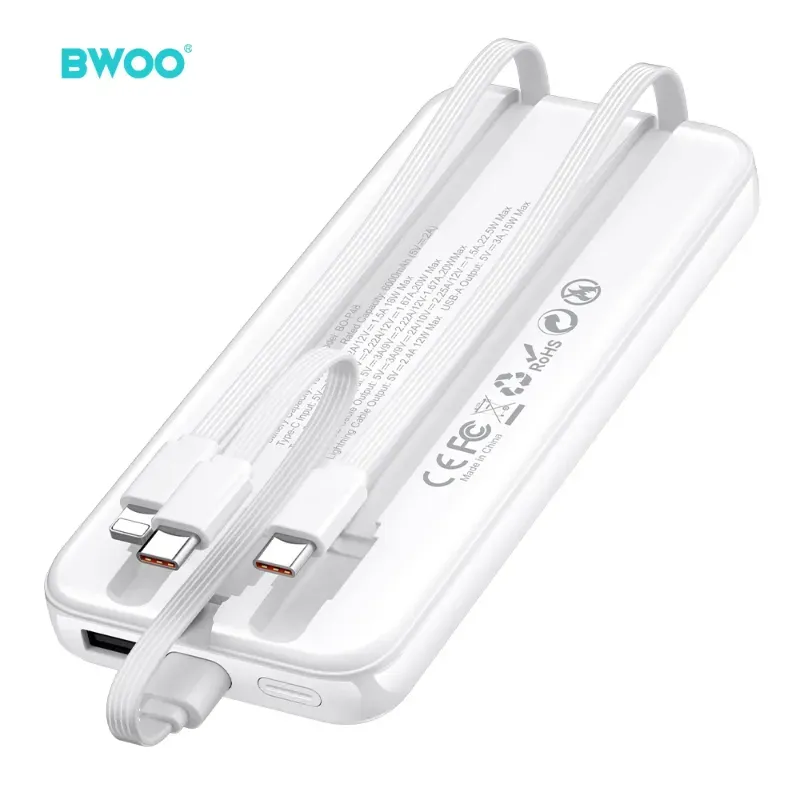 BWOO Power Bank 10000mAh BO‑P48 18W con Cables Integrados, Display LED