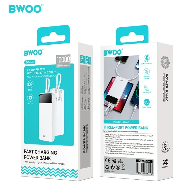BWOO Power Bank 10000mAh BO‑P48 18W con Cables Integrados, Display LED