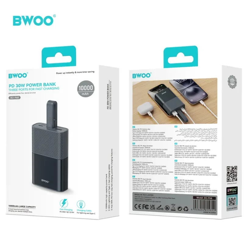 BWOO Power Bank 10000mAh BO‑P68 30W+22.5W con Cable Type‑C