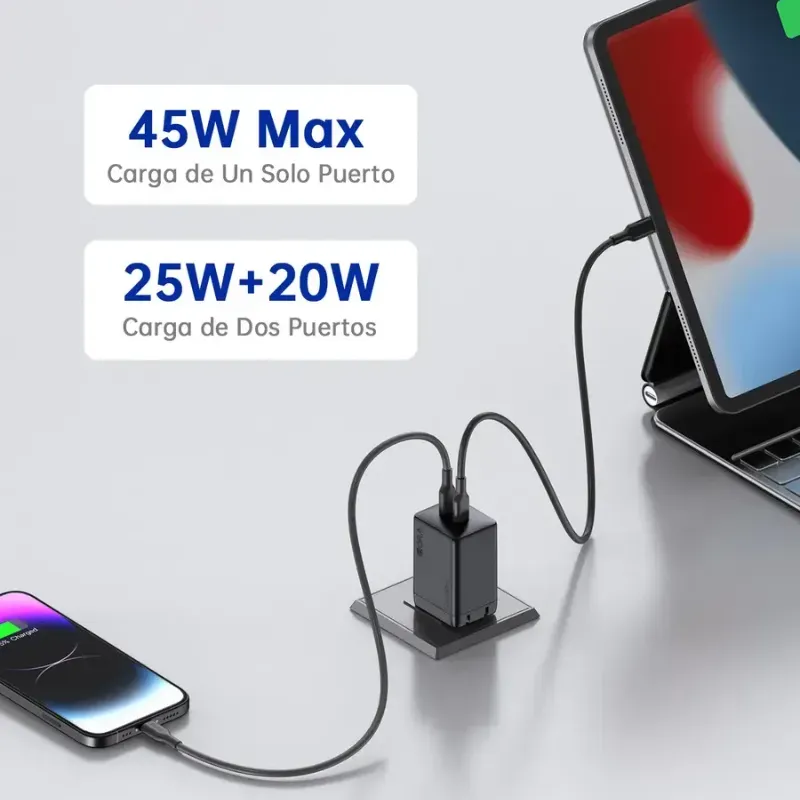Cargador Rápido 1Hora GAR170 45W GaN con Doble Puerto USB-C y Cable Tipo C