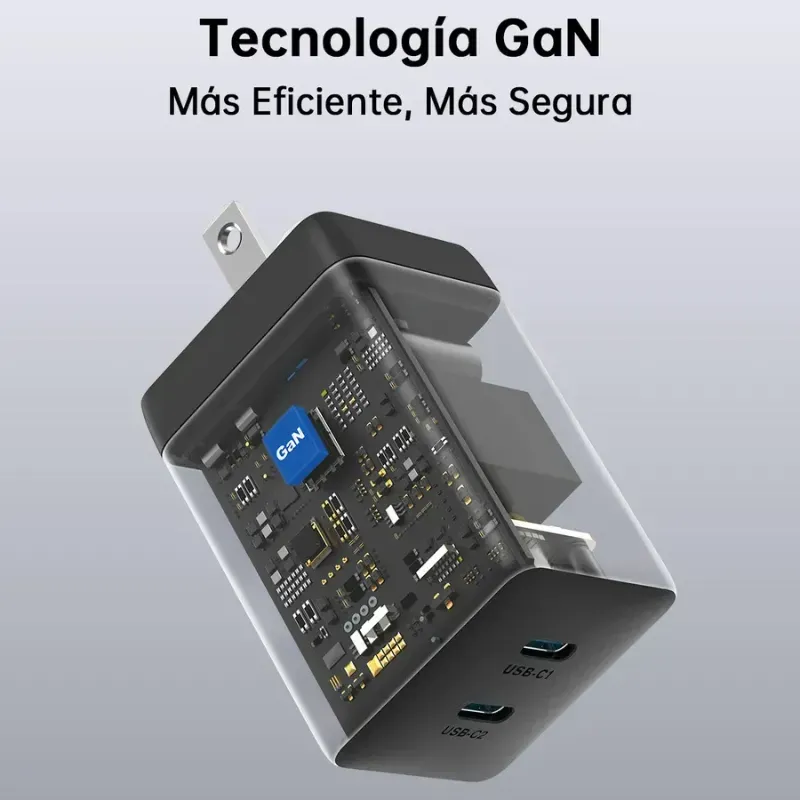 Cargador Rápido 1Hora GAR170 45W GaN con Doble Puerto USB-C y Cable Tipo C