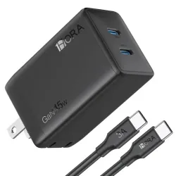 Cargador Rápido 1Hora GAR170 45W GaN con Doble Puerto USB-C y Cable Tipo C