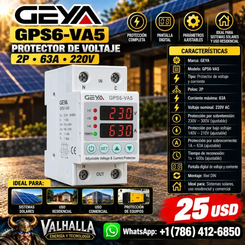 GEYA GPS6-VA5 – Protector de Voltaje 63A 220V
