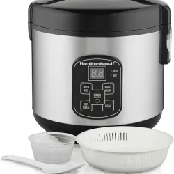 Hamilton Beach – Olla arrocera programable digital y vaporizadora de alimentos, 8 tazas cocidas (4 en crudo) con cesta vaporizadora y de enjuague, acero inoxidable (37518)