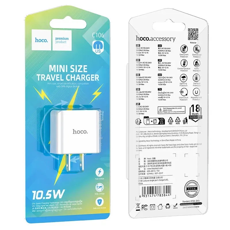 Hoco – Cargador de Pared C106 ⚡ Puerto Único USB 5V/2.1A