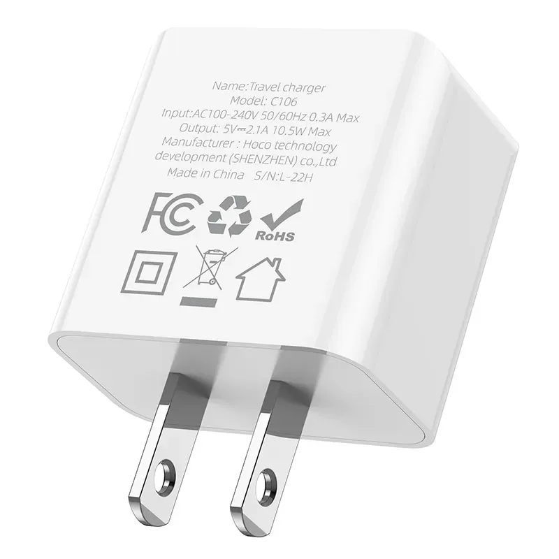 Hoco – Cargador de Pared C106 ⚡ Puerto Único USB 5V/2.1A