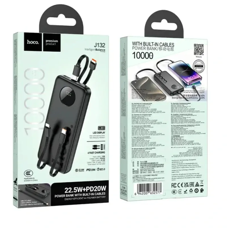 Hoco J132 – Energia bank de 10000 mAh con 3 cables y carga rápida
