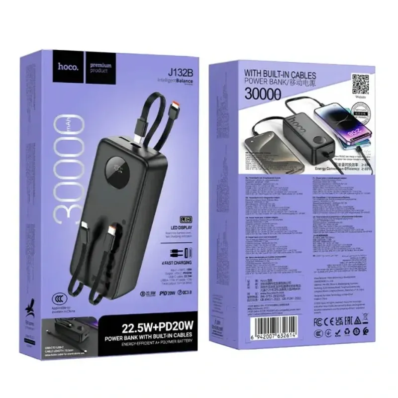 Hoco J132B – Energia bank de 30000 mAh con 3 cables y carga rápida 22.5W