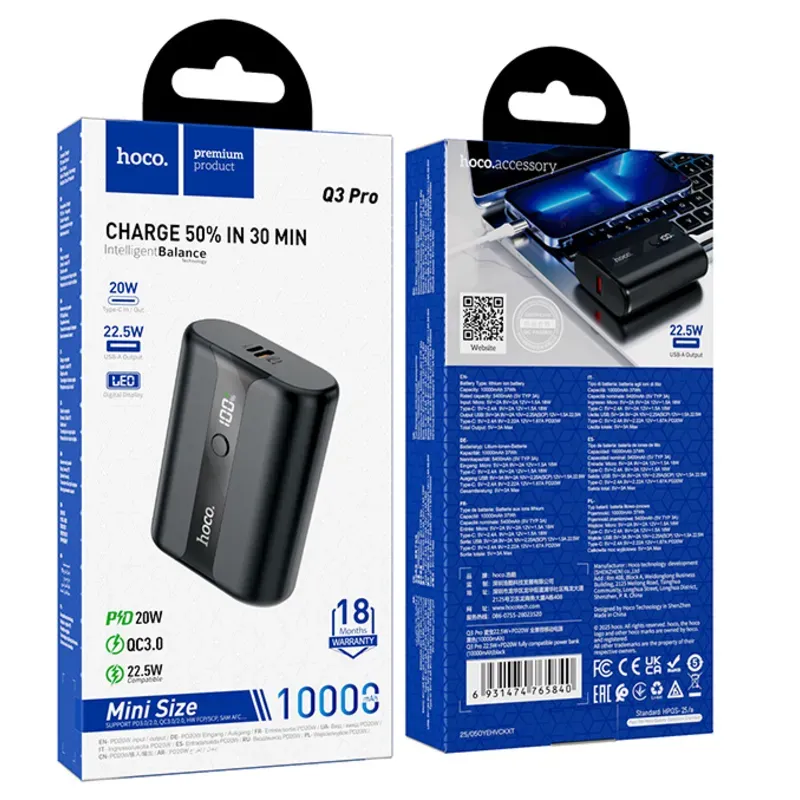 Hoco – Power Bank Q3 Pro 10000mAh – Carga Rápida 22.5W