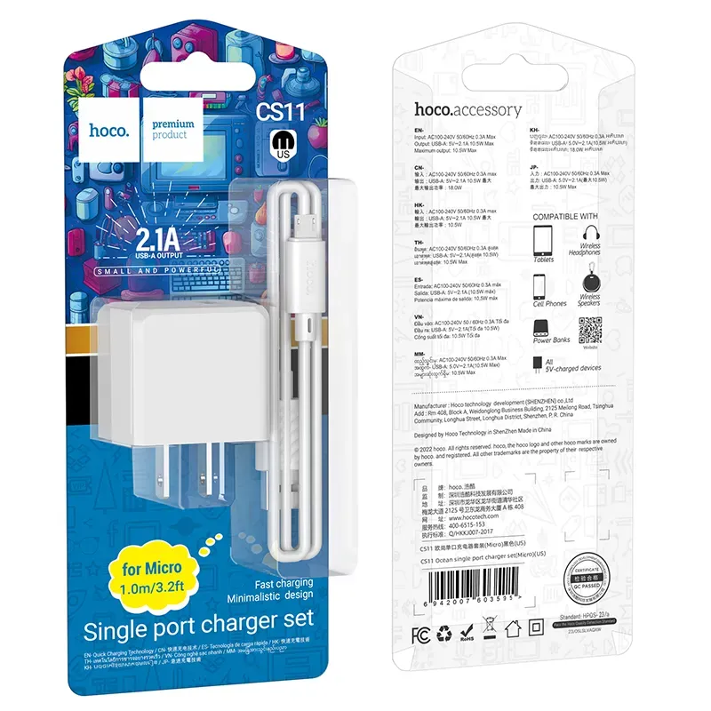 Hoco – Set de Cargador CS11 Ocean ⚡ USB-A 5V/2.1A + Cable Micro USB
