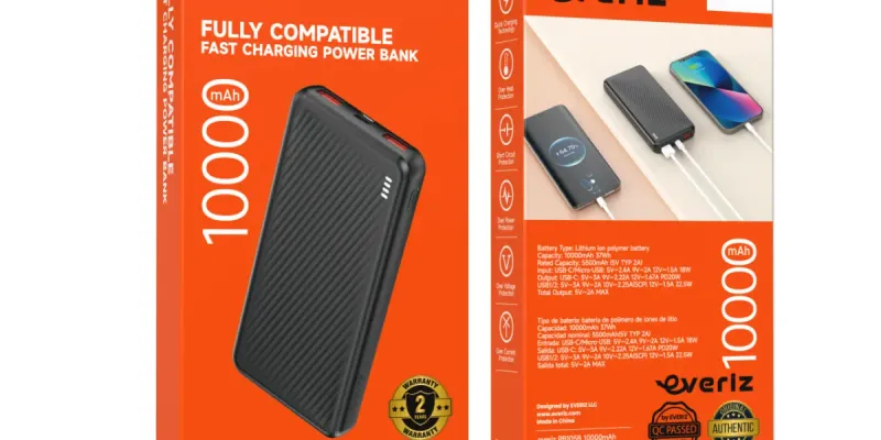 Power Bank 10000 mAh 22.5W + PD 20W | Carga Rápida con 2 USB + 1 USB-C – PB105B – EVERIZ