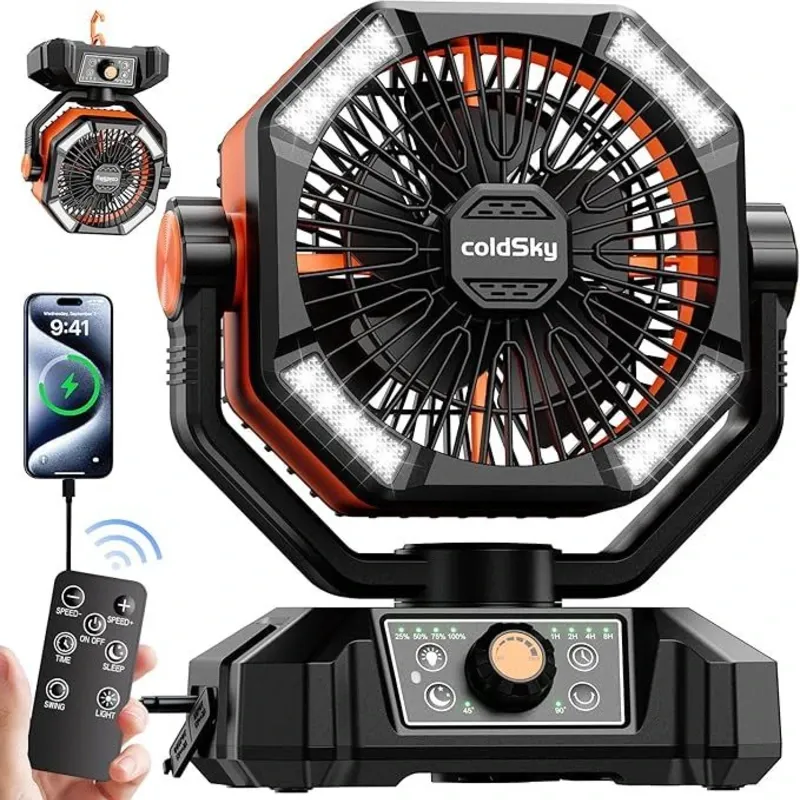 Ventilador recargable ColdSky con control remoto, luces LED y función power bank