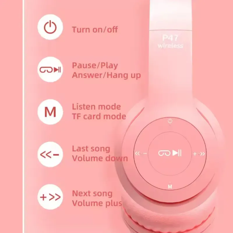 Auriculares Bluetooth P47M – Estilo Gatito con Luz LED