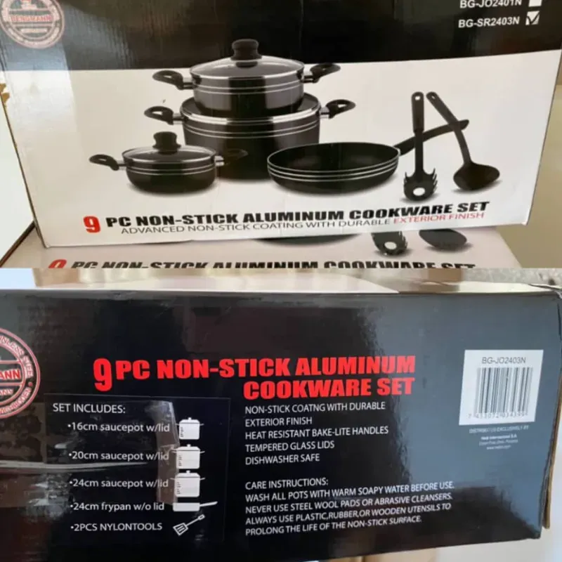Juego de cazuela de utensilios de cocina de aluminio antiadherente de 9 piezas. 