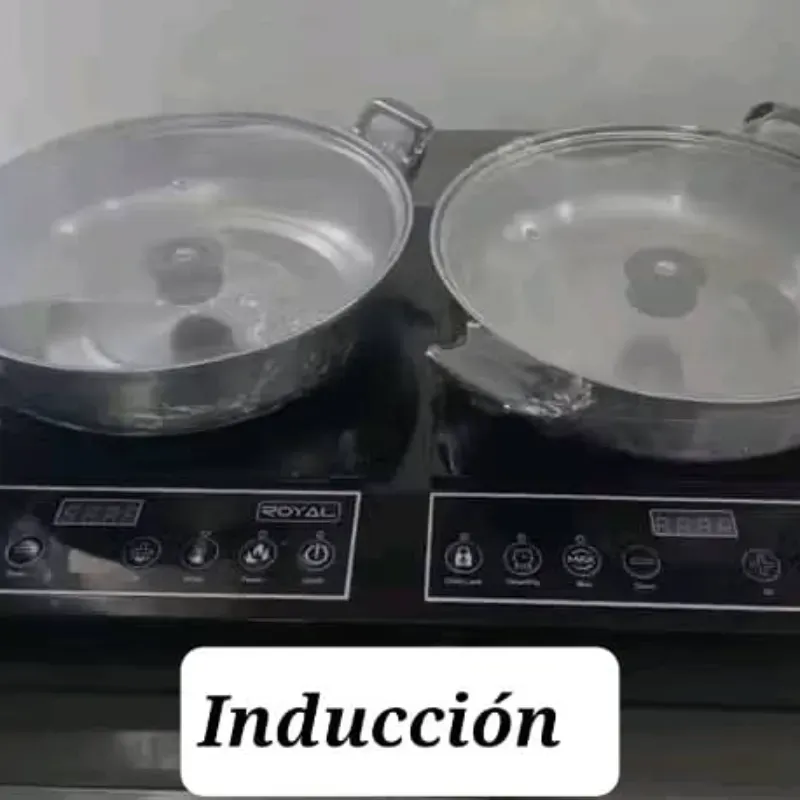 Cocina de Inducción de dos hornillas con cazuelas. Marca Royal