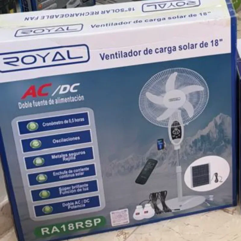 Ventilador Recargable eléctrico y solar  18". Marca Royal 