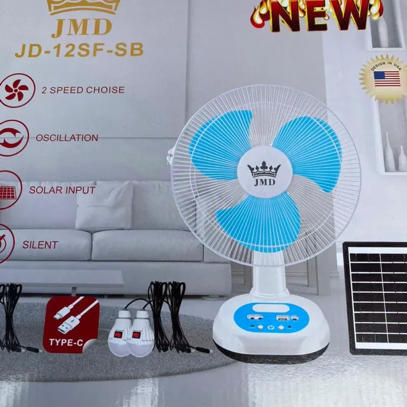 Ventilador recargable de mesa eléctrico y solar (12 pulgadas) 
