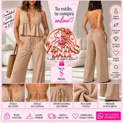Conjunto casual de pantalon y blusa d vuelo de tirantes beich