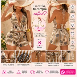 Conjunto de short y blusa de verano color café rayas y conchas